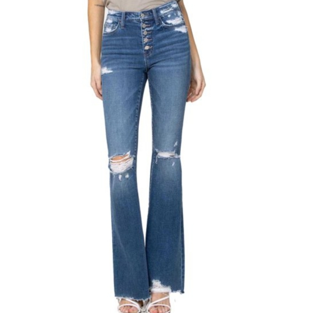 NWT Highway Jeans Distressed Denim Pants 10/11 Stretch Button Fly Ripped Flare